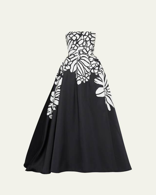 Long Printed Mikado Strapless Gown